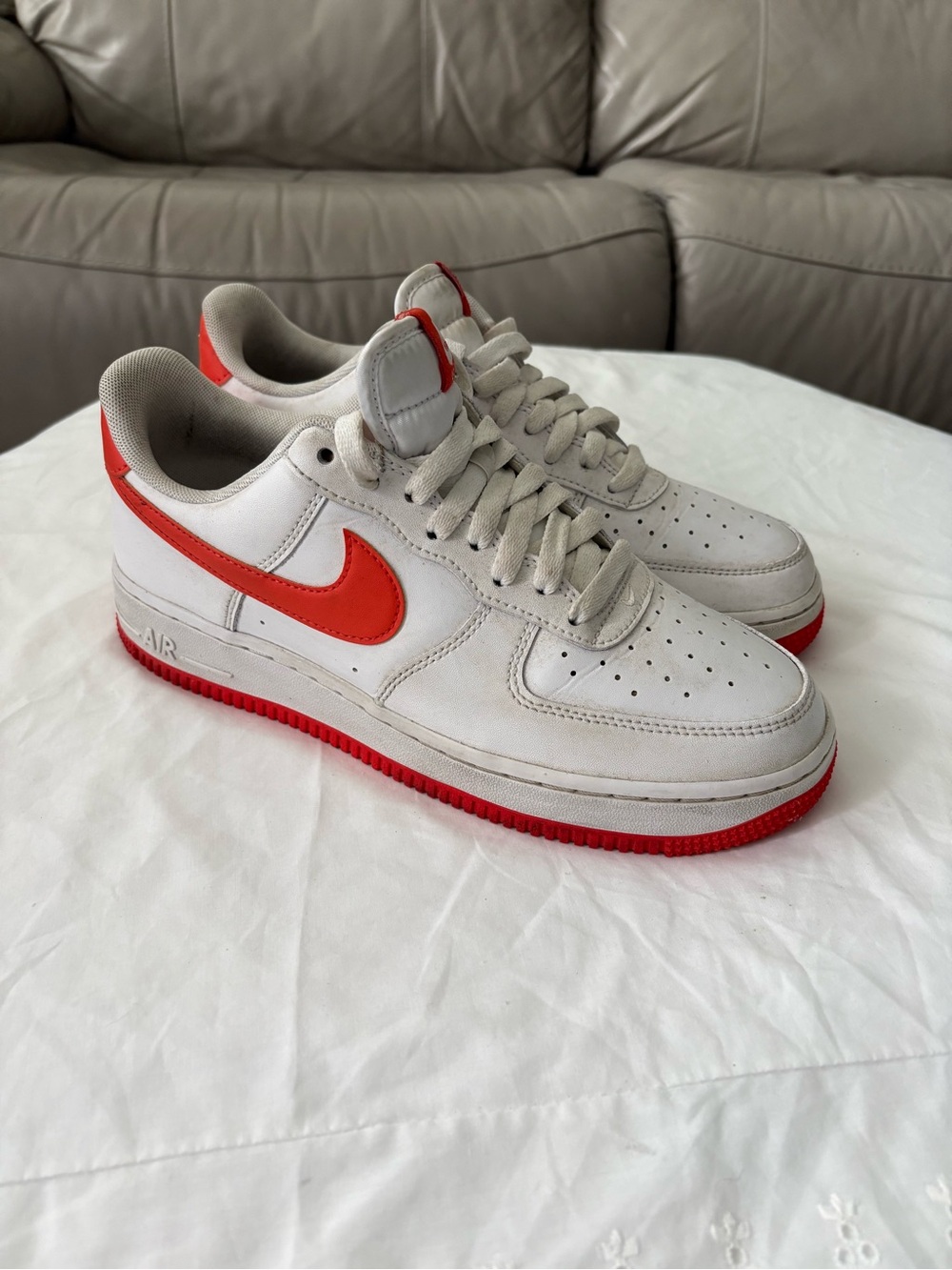 Nike Air Force 1 White and Orange Low-Top Sneakers Size 7.5